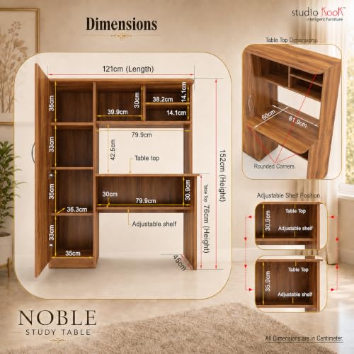 Image of Studio Kook Noble Study and Computer Table with Storage, Amber Walnut | Space-saving engineered wood desk with enclosed cabinet, open shelves and overhead storage. Ideal for study or computer use.