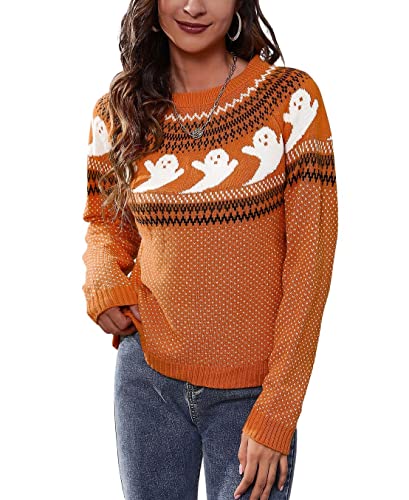 chouyatou Women's Vintage Fair Isle Ghost Pattern Crewneck Knitted Pullover Sweater