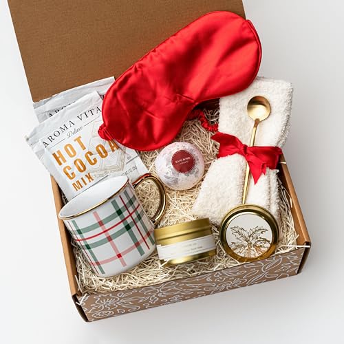 Christmas Gift Box Set, Women's Holiday Basket with Hot Chocolate Mix, Mug, Cozy Socks, Bath Bomb, Hot Cocoa, Spa Gift Box for Women