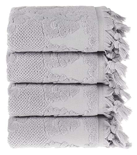 Arvec %100 Turkish Cotton, 550 GSM, Damask Design 4 Pack Jacquard Hand Towel Set 19 x 35 Ultra Absorbent (Grey)
