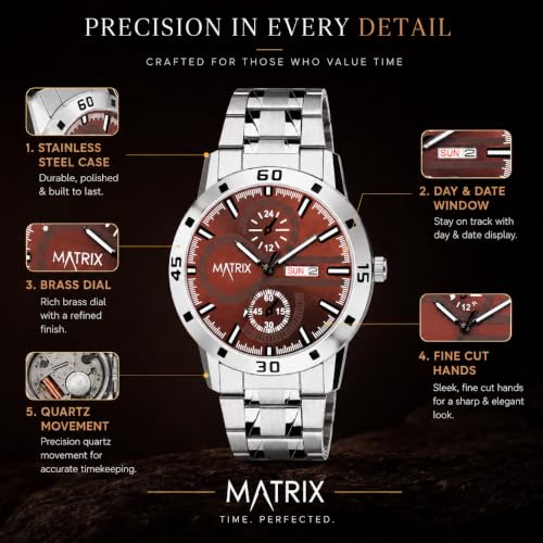 Image of Matrix Superior Analog Watch for Men | Black, Blue, Green & White Dial Stainless Steel Chain Strap Watch | Day & Date Display | Quartz Movement | Stylish Casual & Formal Wrist Watch for Boys & Men
