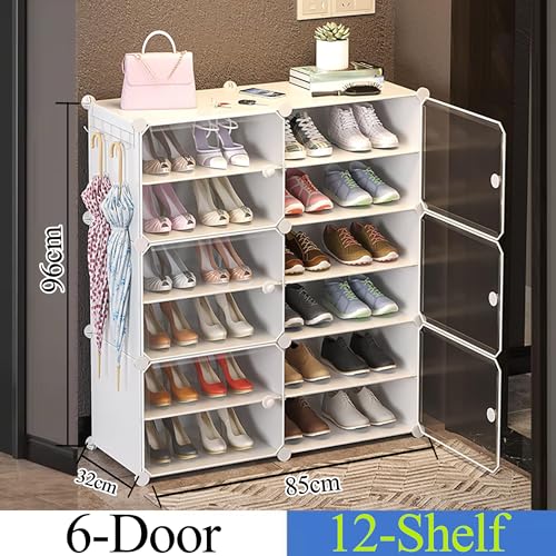 Image of AYSIS 𝟏𝟐 𝐒𝐡𝐞𝐥𝐟 DIY Shoe Rack Box Organizer | Multi-Purpose Plastic Shoe Rack for Home | Home Storage Shoe Rack with Door for Entryway, Chappal Slipper Sandals Shoe Stand【White, 12-Shelf-6-Door】