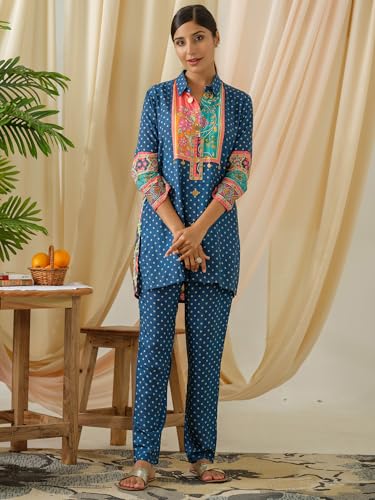 Image of Women's Printed Silk Blend Co-Ord Set Long Sleeves Shirt and Trouser Set for Women | Ethnic Co-Ord Set (RWDROUT1026)