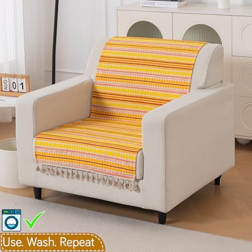 Image of HOKIPO 'Artisan Boho Series' 450 GSM Sofa Cover with Tassels | Multicolor Cotton Acrylic Jacquard Slipcover for 1 Seater Sofa, Size 152x60 cm, Mustard Yellow (IN-907-A1)