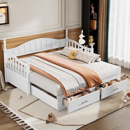 Image of Merax Multifunctional Extending Day Bed with Trundle & Drawers Twin to King Wood Sofa Bed with Headboard No Box Spring Needed White