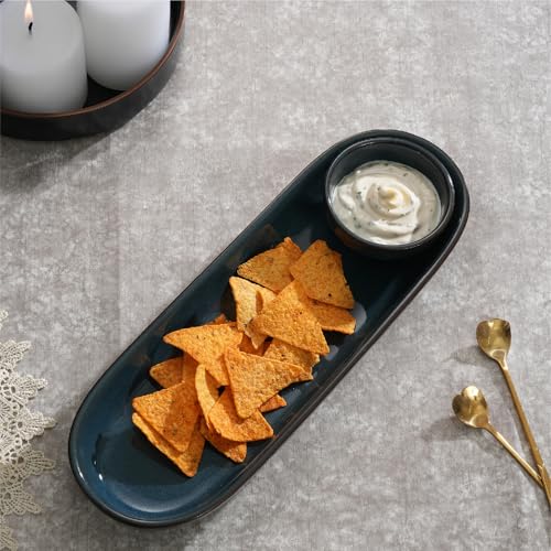 Image of Lifelong Ceramic Serving Platter with Dip Bowl | Stylish Snack Plate Set for Serving French Fries, Pasta, Momos, Nachos & More | Elegant Ceramic Serveware with Chutney & Dip Bowl (LLCRMCB01, Blue)