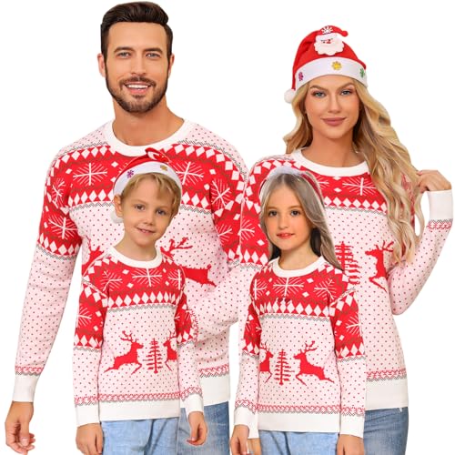 Image of Totatuit Family Matching Christmas Sweater Round Neck Reindeer Snowflakes Ugly Knitted Sweater Pullover for Men Women