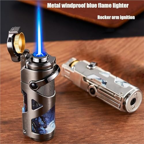 Encendedor metálico azul con llama azul resistente al viento miniatura 2