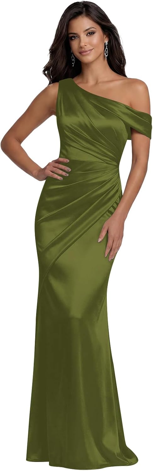 Satin Prom Dress Mermaid Long Formal Evening Gown One Shoulder Bridesmaid Dresses DW69