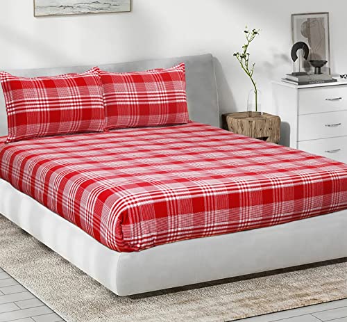Image of AIRWILL, 200GSM Handloom Cotton Double Bedsheet with 2 Pillow Covers (Track Dobby Red)