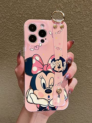 Filoya For Iphone 14 Pro Max Case, Pink Minnie & Mickey Bling Cover With Metal Chain, Wrist Strap Kickstand Soft Tpu Protective Lens Camera Protection Case For Women #TOP1