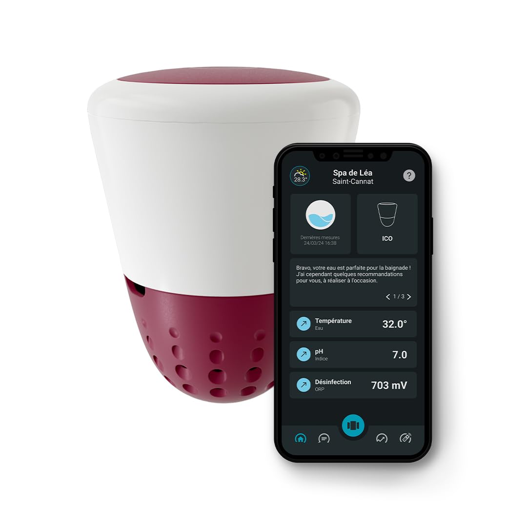 ICO Spa V2 Cloro Bromo - Analizador de agua conectado para spas tratados con cloro o bromo - Medidas 1 vez/hora pH, ORP, temperatura del agua - Recomendaciones para smartphone