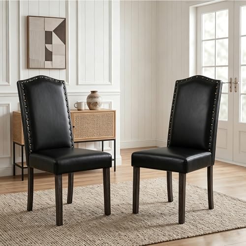 LSSBOUGHT PU Dining Chair Set of 2 Upholstered Parsons Kitchen Chair with Copper Nails and Solid Wood Legs for Dining Room,Restaurant(Black)