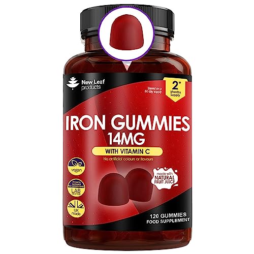 Iron Gummies 14mg - 120 Iron Supplements Enriched Vitamin C Real Fruit Juice (2 Months Supply) - Iron Supplements for Men & Women Iron Gummies Tasty Alternative to Iron Tablets