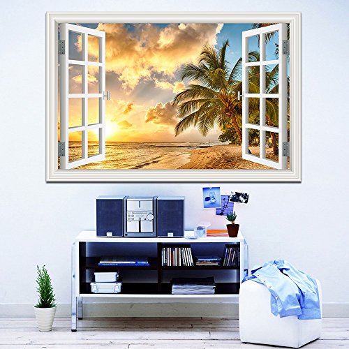 Alexart 3D Window Decal Wall Stickers Sunset Seaside Coconut Tree Home Decor Mural Art Vinyl Wallpaper 32"X48" #TOP2