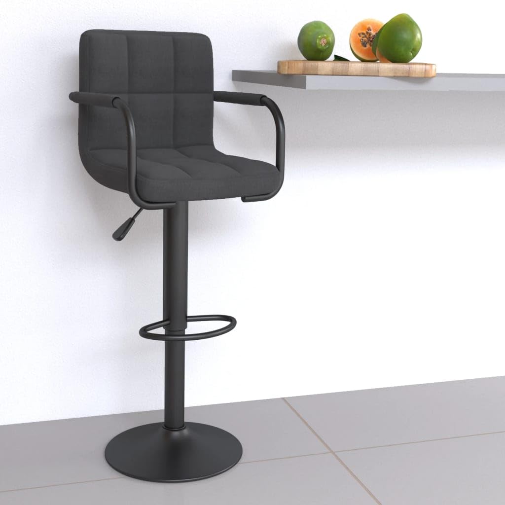 Taburete de bar de tela gris oscuro, altura regulable, elevador de gas, giratorio 360 grados, con reposapiés, silla de bar acolchada de acero con recubrimiento en polvo, para cocina y comedor