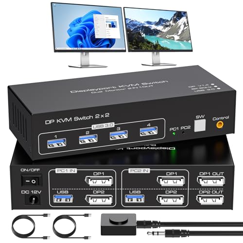 VPFET 4K120Hz Displayport KVM Switch 2 Monitors 2 Computers 8K60Hz DP 1.4 Dual Monitor KVM Switches witch 4 USB 3.0 Includes in line Control and 2 USB 3.0 Cables