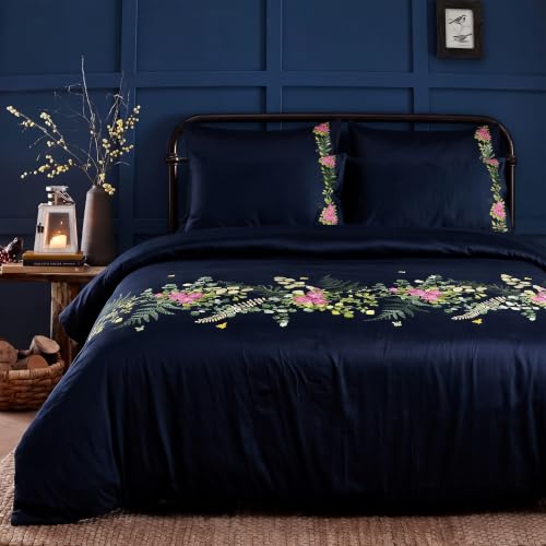 Image of Embroidered Premium Bedsheet Set | 300 TC 100% Cotton 1 Queen Bedsheet Set | Extra Smoothness with Sateen Weave| Autumn Navy Bedsheet Set (1 Flat Sheet + 2 Pillow Cases)