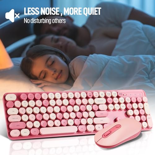 Image of Wireless Keyboard and Mouse Combo, Full Size Compact Quiet Wireless Keyboard and Mouse Set 2.4G Ultra-Thin Sleek Design for Windows, Desktop, PC, Notebook, Laptop,Round Keys Rose Pink Mixed Punk Color
