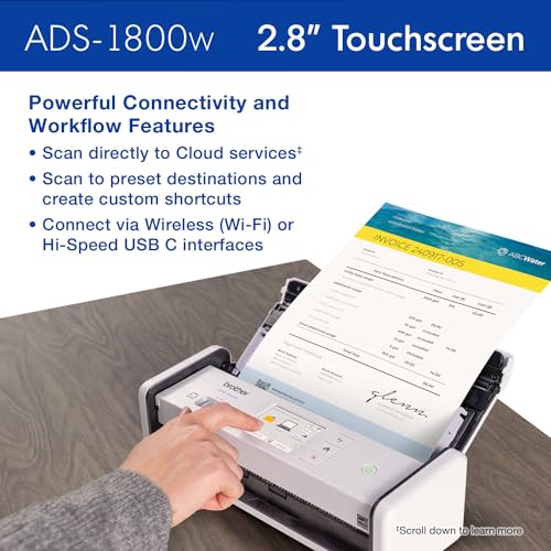 Image of Brother ADS-1800W Wireless Compact Desktop Scanner | Scan Speeds of Up to 30ppm | 2.8 inch Color Touchscreen