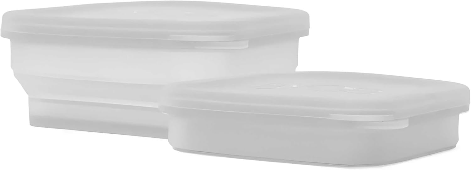 BYOB Collapsible Silicone Food Containers with Attached Lids – Reusable To-Go & Leftover Containers, Platinum Silicone, Leak-Resistant – 2 Pack (White Containers)