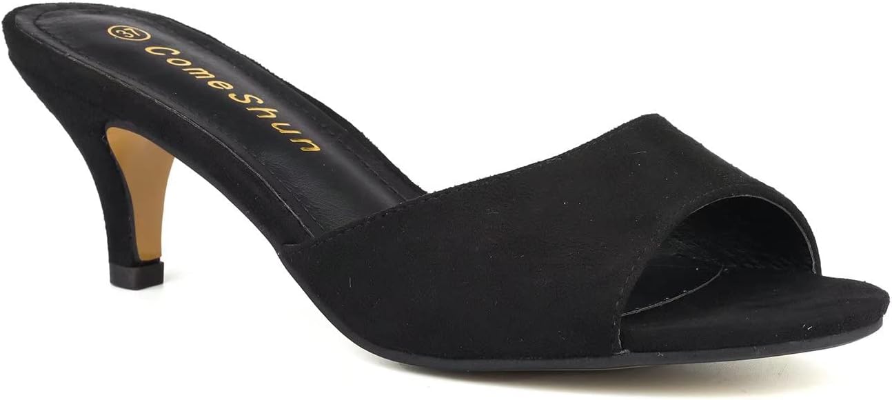 ComeShun Women Low Kitten Heel Mules Slip On Sandals Open Peep Toe Dress Pumps