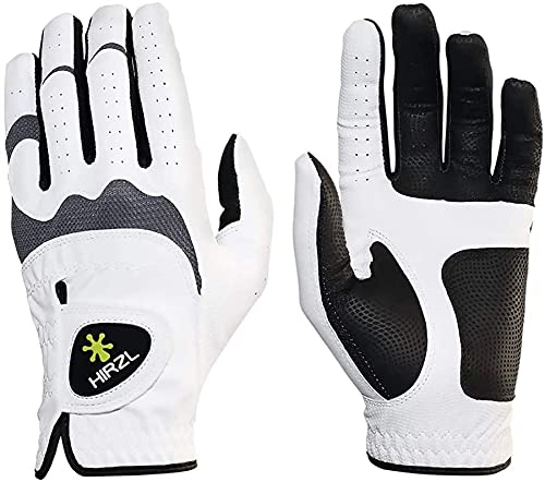 HIRZL Trust Hybrid Golf Gloves– All Weather Mens Golf Glove (White/Black) | Nylon, Kangaroo Leather, Polyester | Ultimate Grip (Wet or Dry),Breathable, Sweat Free, Cadet Small, (Worn on Left Hand)