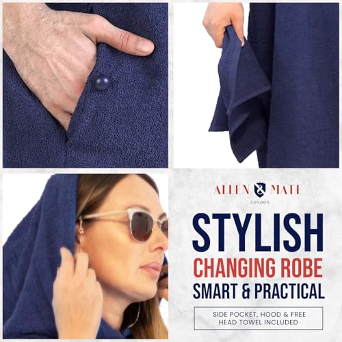 Image of ALLEN & MATE 100% Cotton Hooded Surf Poncho Changing Robe - Quick Absorbent Changing Towel with Pocket for Surfing Men Women