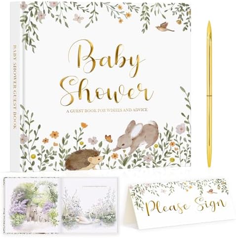 Lanpn Baby Shower Guest Book with Please Sign Table Card & Gold Pen, 114 Pages Baby Shower Guest Sign in Book, Gender Neutral Animal Theme, Memory Keepsake Gift for New Parents & Mom to Be