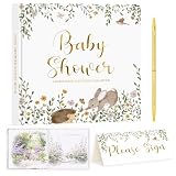 Lanpn Libro degli Ospiti per Baby Shower & Gender Reveal, Baby Shower Guest Book, Tema Neutro Animali Bosco, Album Ricordi con Messaggi, Auguri e Foto per Futuri Genitori, Inglese, 114 Pagine