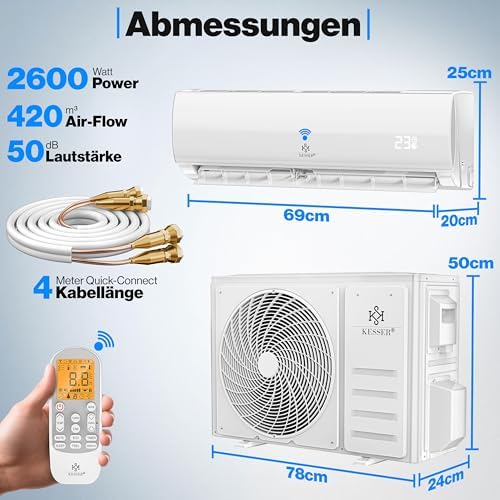 Bild 5 - KESSER® Split Klimaanlage Set Quick Connect 9000 BTU 2,6 kW – WiFi & App Klimagerät mit Heizfunktion & Kühlmodus Wandklimaanlage, mit Kupferleitung Kältemittel R32 Inkl. Montagematerial