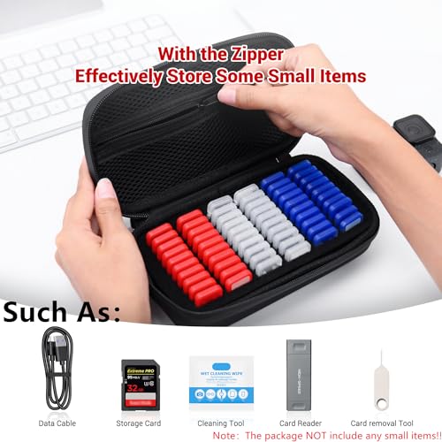 Image of EVA PU Micro SD Card Case with 60 Individual Plastic TF Card Holders - Water-Resistant, Anti-Shock Carrying Organizer with Handle & Label