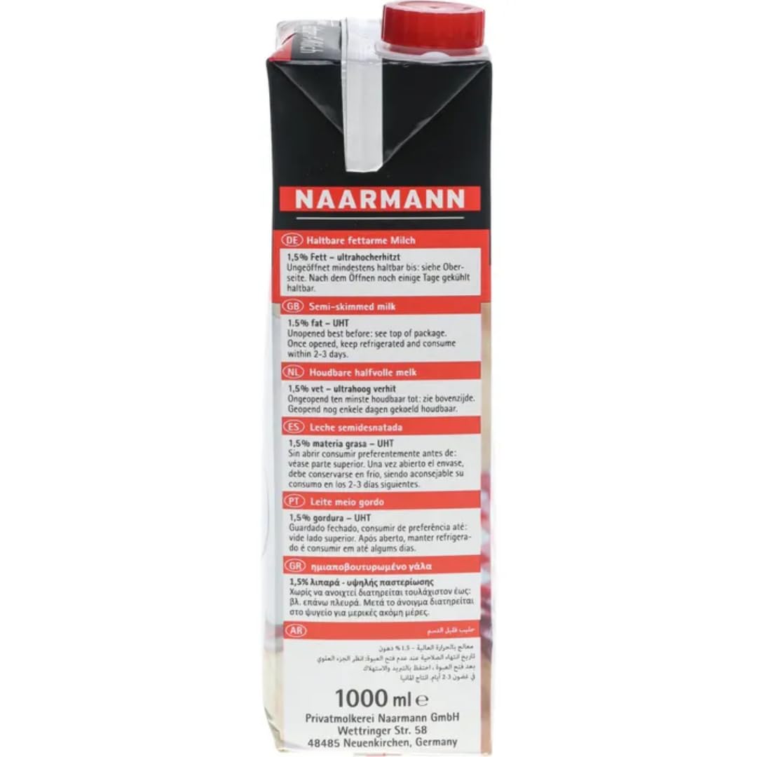 Naarmann Milch fettarme H-Milch 1,5% Fett Haltbare Milch, je 1 Liter, 24 Stück + pufai