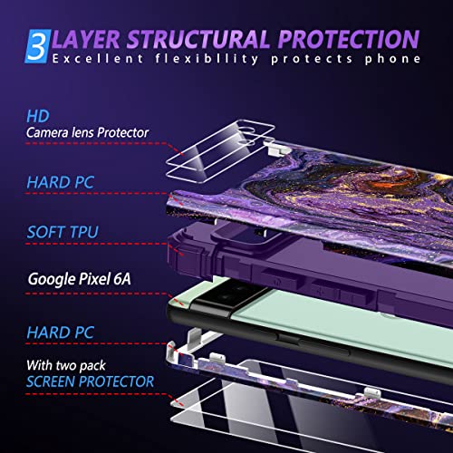 Miqala For Google Pixel 6A Case With 2 Tempered Glass Screen Protector+ 2 Camera Lens Protector,Three Layer Shockproof Heavy Duty Full Body Anti-Scratch Protective Case For Google Pixel 6A,Purple #TOP3