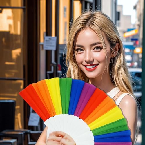 Temogole 6 Pack Rainbow Folding Fans Pride Decorations Pride Fan Gay Lesbian Wedding Pride Decor LGBT Pride Month Parade Accessories Party Favors Stuff Hand Fans for Women Men, Vertical Rainbow White — view 2