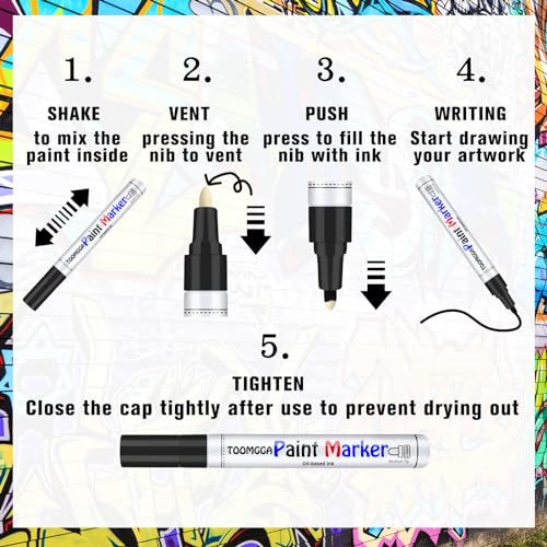 TOOMGGA Permanent Paint Pens - 5 Pack Oil Based Paint Markers, Quick Dry and Waterproof Paint Pens for Rock Painting, Metal, Glass, Fabric, Plastic, Medium Tip