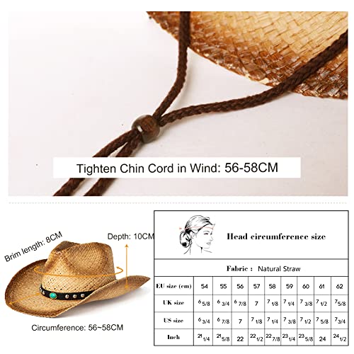 Image of Comhats Western Style Round Cowboy Straw Hat Ladies Fedora Chin Cord Vegan Leather Band Shapeable Brim Beach Cowgirl