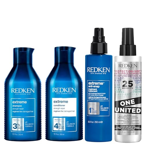 REDKEN Heathy Hair Must Have, Extreme Shampoo and Conditioner 300 ml, Anti Snap Leave In Hair Treatment 150 ml and One United 25 Multi-Benefits Leave In Conditioner and Treatment Spray 150 ml, Ultimate Four Step Routine Set for Damaged Hair