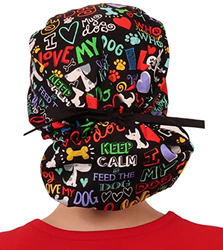 Sparkling Earth - I Love My Dog #2 With Black Ties - Unisex Big Hair Ponytail Surgical Scrub Style Working Caps - Made In The Usa! #TOP1