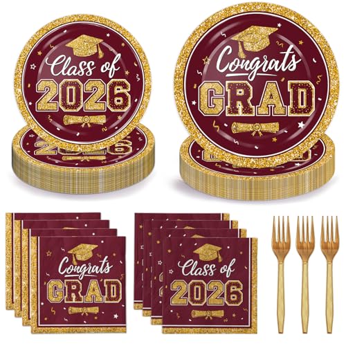 LINHAXM 50 Sets Graduation Plates and Napkins 2026 with Forks Maroon Gold Congrats Grad Disposable Paper Plates and Napkins Party Supplies for Graduation Decorations Class of 2026