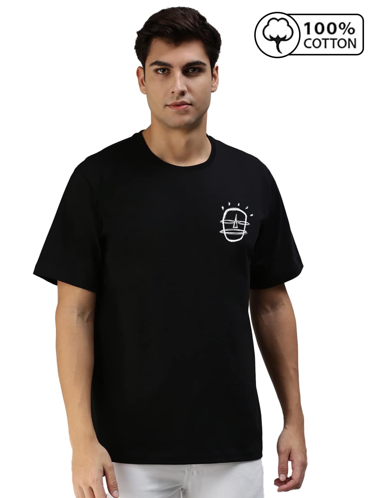 Veirdo T-shirt nera girocollo in puro cotone oversize vestibilità ampia cool ed estetica I'm Happy Guy Back stampata per uomo/ragazzi (disponibile nella S alla XXL)