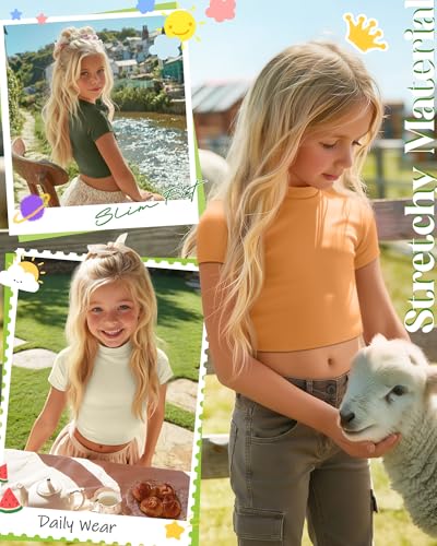 Oakgarden 3 Pack Girls Shirts Short Sleeve Tops for Kids Summer Crop Tops Clothes for Girls Mock Turtleneck Tees 5-16 Y(5-6 Years,Ginger, Army Green, Apricot) — view 2