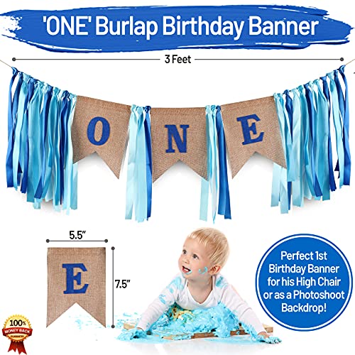 Baby Boy 1St Birthday Decorations With Birthday Crown - First Birthday Boy Decorations - Cake Smash Party Supplies - Happy Birthday And Highchair One Burlap Banner, Number One Balloon, Cake Topper. #TOP3