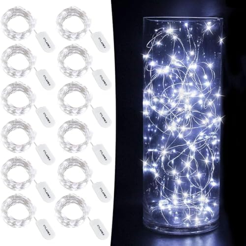 CYLAPEX 12 Pack Fairy Lights Battery Operated 7ft 20 LED Mini String Lights Silver Wire Firefly Starry Moon Lights for Wedding Mason Jars Party Christmas Centerpiece Table Decorations, Cool White