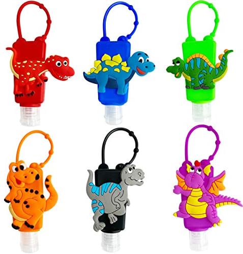 VHOPMORE 6Pcs Travel Size Kids Empty Hand Sanitizer Bottles with Keychain Holder Detachable Silicone Protective Case 30ml Plastic Travel Bottles Leak Proof Refillable Containers - Dinosaur