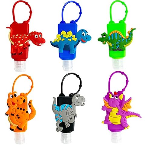 VHOPMORE 6Pcs Travel Size Kids Empty Hand Sanitizer Bottles with Keychain Holder Detachable Silicone Protective Case 30ml Plastic Travel Bottles Leak Proof Refillable Containers - Dinosaur Cover