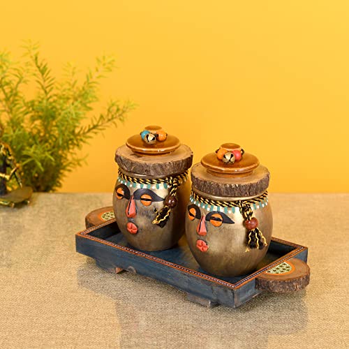 Image of AAKRITI ART CREATIONS Happy Tribals Storage Jars and Handcrafted Tray S03 | Handcrafted Abstract Art Storage Jars | Kitchen Decoration Items Stylish Tray & Jars | Kitchen Containers