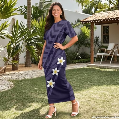 Image of Polynesian Dress for Women Short Sleeve High Waist Maxi Skirt | Puletasi dress, t-shirt and skirt two-piece, elastic material, lightweight, soft, plus size, luau party, wedding, clubwear