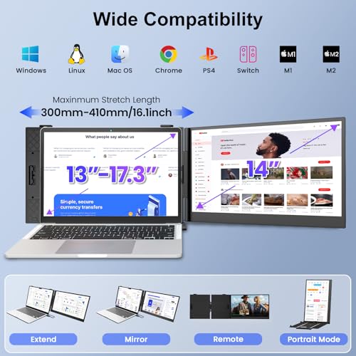 Image of Laptop Screen Extender,14 inch FHD 1080P IPS Portable Monitor for Laptop,Ultra-Thin 0.17 inch & 1.3lbs Lightweight,Plug & Play Dual Screen for 13-17.3 inch Laptops,Compatible with Wins /Mac /Android /Switch /Chrome