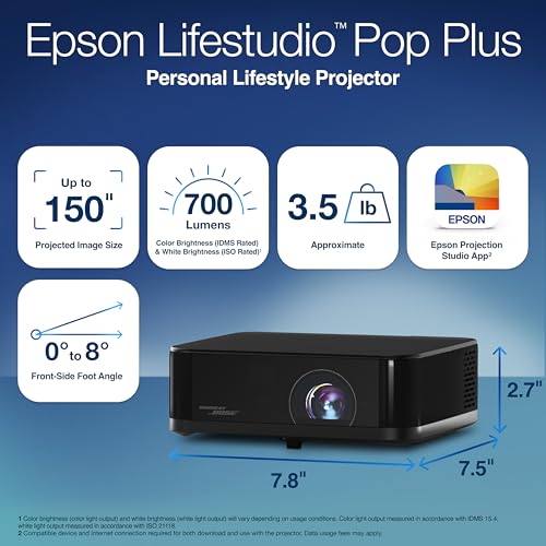 Image of Epson Lifestudio Pop Plus 4K PRO-UHD Personal Lifestyle Projector, 700 Lumens of Color and White Brightness, Sound by Bose, Google TV, 3-Chip 3LCD Triple Core Engine, Projection Studio App - Black